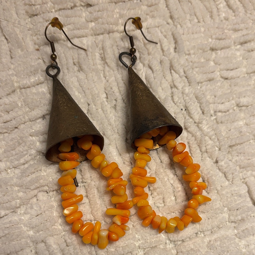 Brassy Metal and Orange Stone Earrings